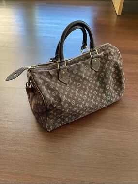 Authentic Louis Vuitton Dark Brown Idylle Fusain Mini Lin Monogram Speedy 30